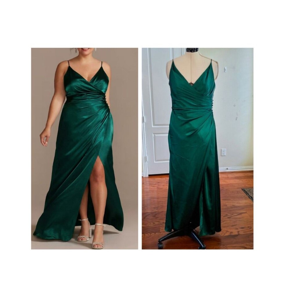 Galina Signature Charmeuse V-Notch Gown Juniper Green 14 Slit Bridesmaid Holiday